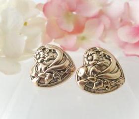 Heart and Bow Vintage button earrings,Studs or Clip on, Gold Heart Studs, Fancy Heart Clip on, Bridesmaid Earrings, Bridal Party