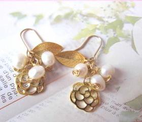 O' My Pearly Garden Earrings - 14K gold-plated, gold plated Leaf & Rose Charms, Fresh water pearls