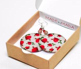 Vintage Roses Round decoupage Earrings Floral motif, deep red