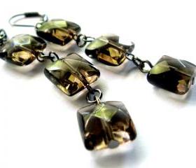 Long Smoky Quartz Diamond and Gunmetal Earrings