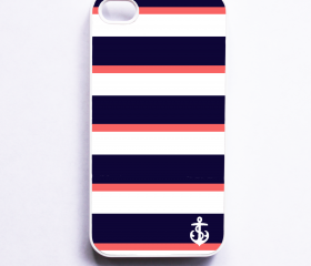 Nautical iPhone Case for Iphone 4 / 4S - Navy & Coral Stripe With Anchor