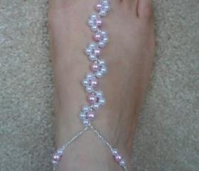 barefoot sandals white and pink pearls ,wedding accessories