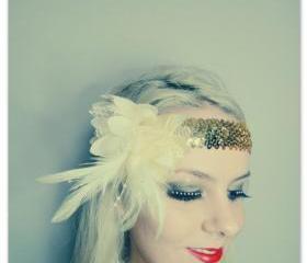 1920s cream and gold feather flapper headband races