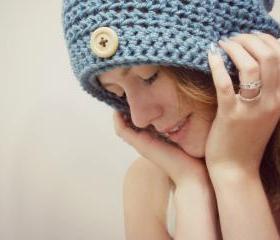 Slouchy Beanie Crochet Blue with Button