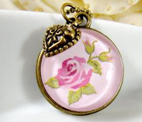 Vintage style pink flower necklace, handmade glass cabochon