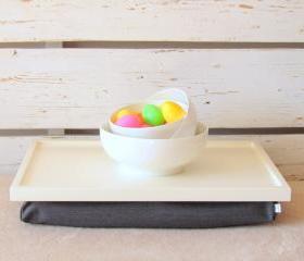 Breakfast serving or Laptop Lap Desk- Off White with Grey Pillow