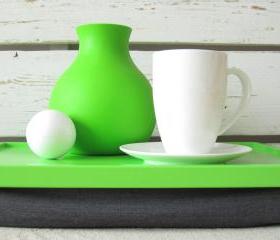 Laptop Lap Desk or Breakfast serving Tray - Lime green with Grey Pillow