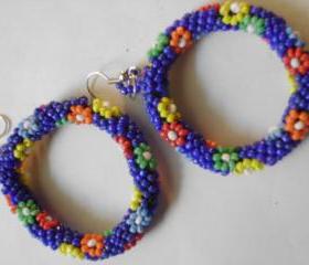 vintage flower beaded hoops, 1970s earrings