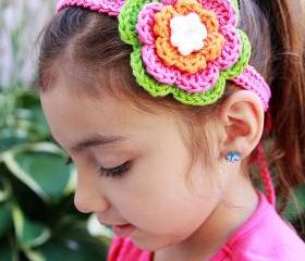 Crochet Flower Clip Headband - Hot Green- Hot Pink- Orange