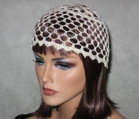 Handmade Crocheted Lace Cloche Skullie Cap -Ecru Size S/ M