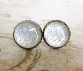 White Stud Earrings, Glitter Earrings, Resin Faux Plugs, Snow Earrings - SNOW QUEEN