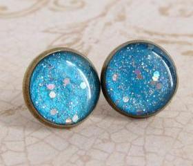 Sky Blue Earrings, Post Earrings, Stud Earrings, Resin Earrings, Glitter Earrings, Sparkly Earrings, Fake Plugs, Faux Plugs