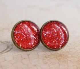 Stud Earrings - Resin Jewelry, Fake Plugs, Red Glitter Earrings, 12mm - DOROTHY