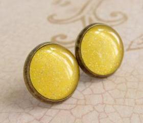 Yellow Earrings, Post Earrings, Stud Earrings, Resin Earrings, Glitter Earrings, Sparkly Earrings, Fake Plugs, Faux Plugs