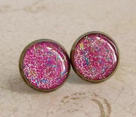 Glitter Earrings - Neon Pink Stud Earrings, Resin Fake Plugs - PARTY GIRL