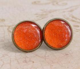 Orange Earrings, Post Earrings, Stud Earrings, Resin Earrings, Glitter Earrings, Sparkly Earrings, Fake Plugs, Faux Plugs