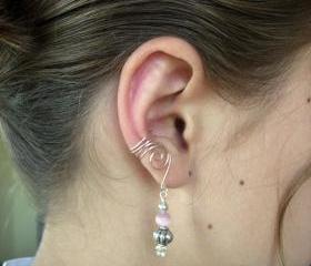 Pair of Silver Plated Ear Cuffs with antique Silver tone and Pink Cats Eye Glass Beaded drops, non pierced