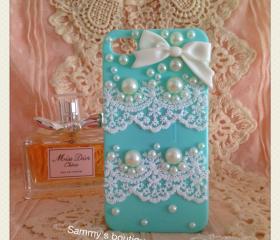 Lace, pearl and bow iphone case for Iphone 4/4S (back only) - light green 