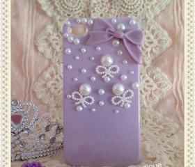 Free shipping - Pearl and bow iphone case for 4/4S (back only)- purple