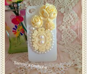 Free shipping - Rose, lace and pearl iphone case (back only) - Ivory