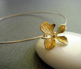Gold and Silver Orchid Flower Bangle Bracelet