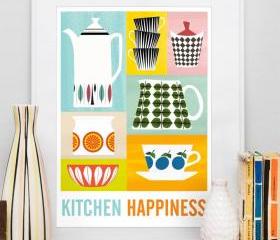 Kitchen Happiness art print, mid century retro poster, Stig Lindberg, Cathrineholm A3