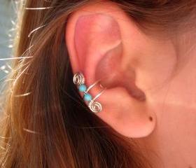 Single Silver Plated Ear Cuff with Double Turquoise 3mm beads and swirls