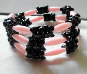wrap bracelet in pink and black, vintage beads