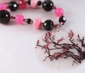 pink and black cherry blossom beaded necklace with matching earrings