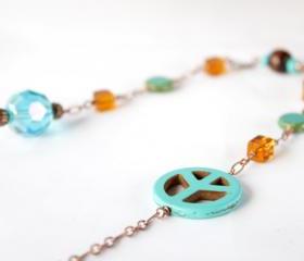 turquoise color peace sign necklace with copper chain