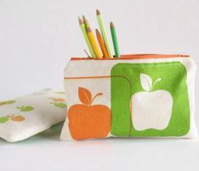 ZIPPER POUCH back to school pencil pouch with apples hand printed