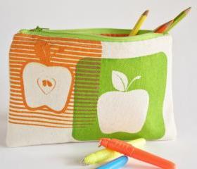 PENCIL POUCH back to school zipper pouch with apples hand printed