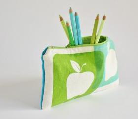 ZIPPER POUCH back to school pencil pouch hand printed apples