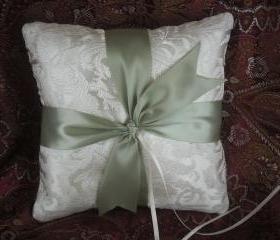 SALE Handmade Ivory Ring Bearer Pillow with light Olive Green ribbon, Ready to Ship