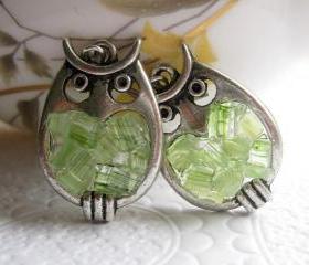 Peridot Stained Glass Owl Earrings