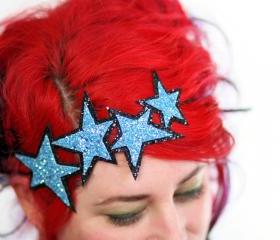 Blue Stars Headband, Glitter, Aqua Blue & Black
