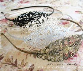 3 Vintage Filigree Antique Brass Blank Metal Headbands 35x78mm ---you choose the color and how many---