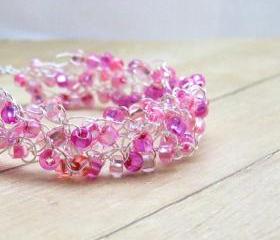 Wire Crochet Bracelet, Pink Beaded Crochet Jewelry