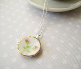 Sterling silver necklace with miniature doll's porcelain plate - Time for tea