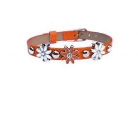 Orange Studded Leather Charm Bracelet - Orange With Daisy Slide Charms - Silver Studs