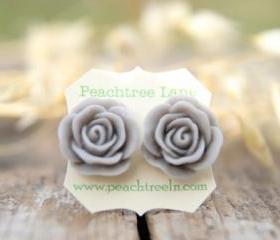  Large Grey Rose Flower Post Earrings // Bridesmaid Gifts // Mother Of The Bride Gift // Rustic Vintage Wedding