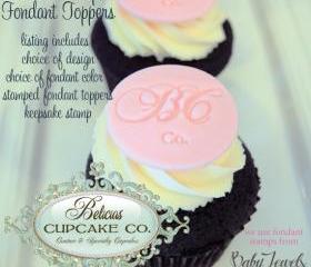 Fondant Initial Cupcake Toppers 30, 1 Custom Stamp To Keep, Choice of Design, Color, Perfect for Birthdays, Showers,Weddings