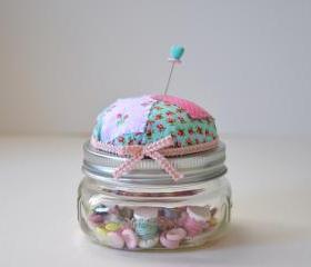  Patchwork Pincushion Jar, Floral, Medium Storage Pincushion