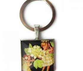 Guelder Rose Fairies Antique Flower Glass Keychain or Necklace