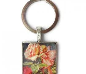 Flower Pink Rose Fairy 1 inch Glass Necklace or Keychain Zipper Pull