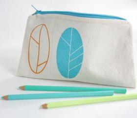 Spring pencil pouch screen printed in orange and turquoise