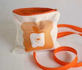 Screen printed POUCH, cosmetics bag with apple printed in orange