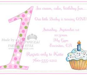 First Birthday Invitation - Pink & Purple Polka Dot Cupcake - Printable DIY