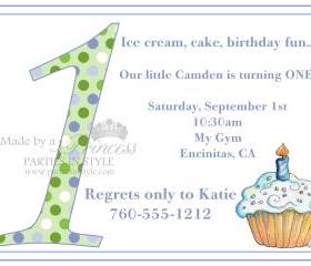 First Birthday Invitation - Blue & Green Polka Dot Cupcake - Printable DIY