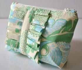 Amy Butler cosmetics make up bag ruffle blue and green abstract florals UK Handmade